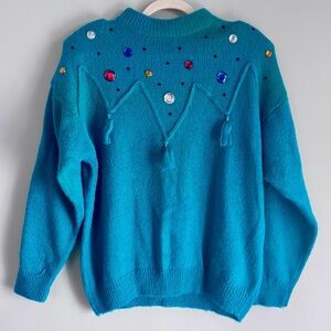 Vintage 80’s Glitz Mock Neck Teal Blue Jeweled Long Sleeve Sweater Size Large